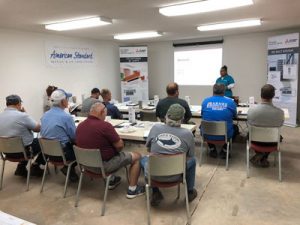 Victoria Thompson addresses the Mitsubishi training class at A/C Supply.